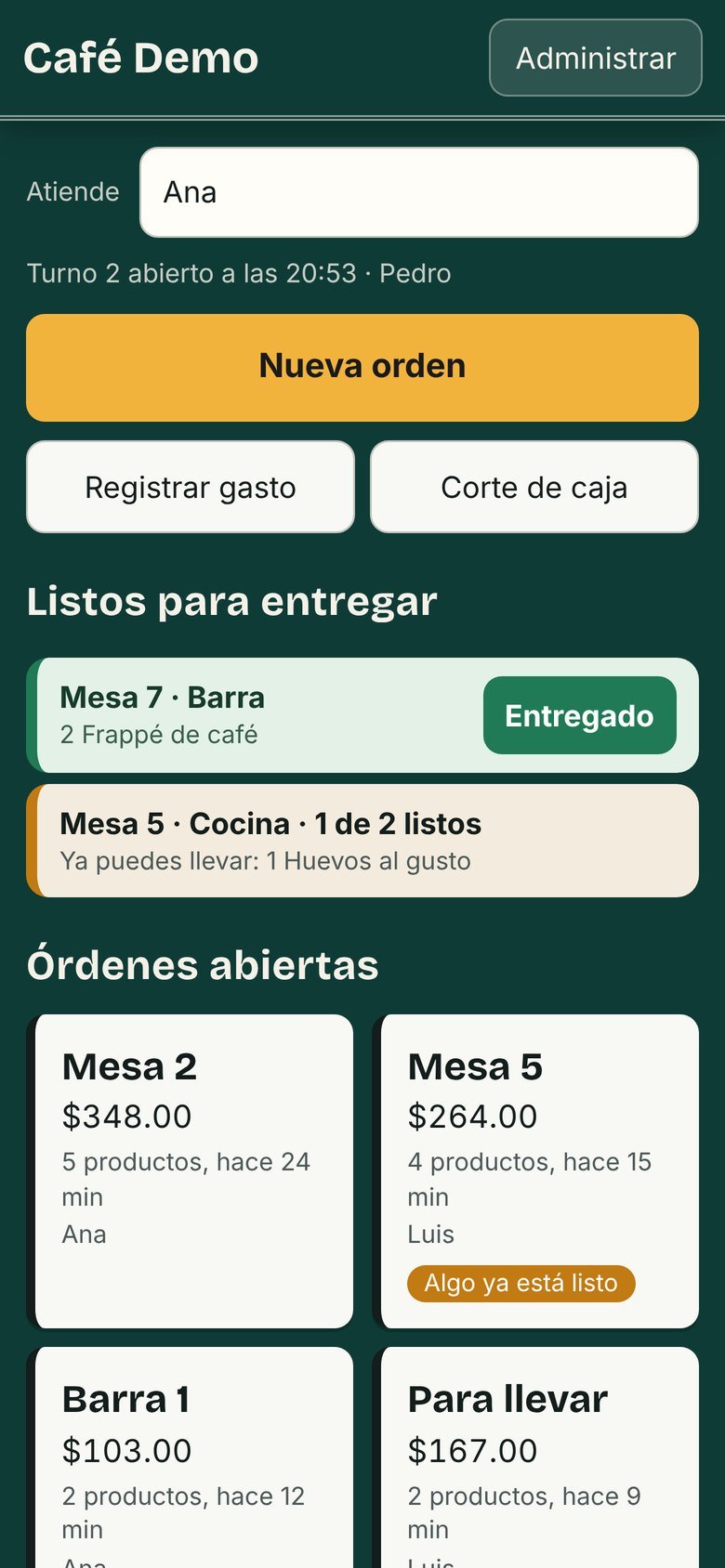 Pantalla de inicio con las órdenes abiertas